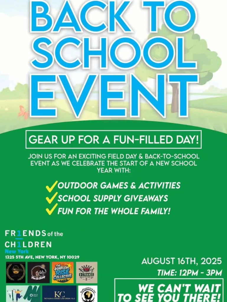 A flyer for an August 16, 2025, "Back to School" event hosted by Friends of The Children New York.