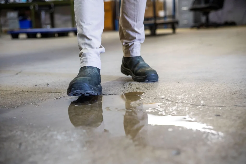 A person stepping on slippery substance.