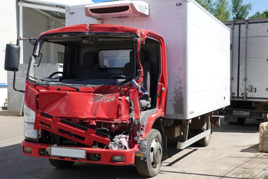 A damaged truck from an accident.